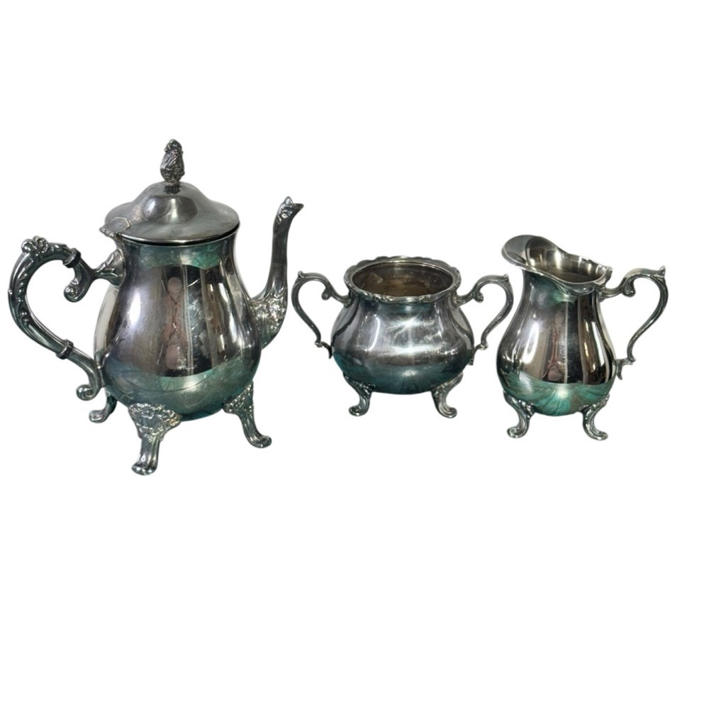 Vintage Leonard Silver Plate 3 Piece Tea Set Footed Floral Design Decorative